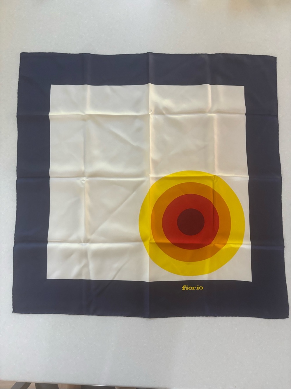 1960s Fiorio Silk Scarf Navy Yellow sun Target Motif Italian Mid Century 34x34